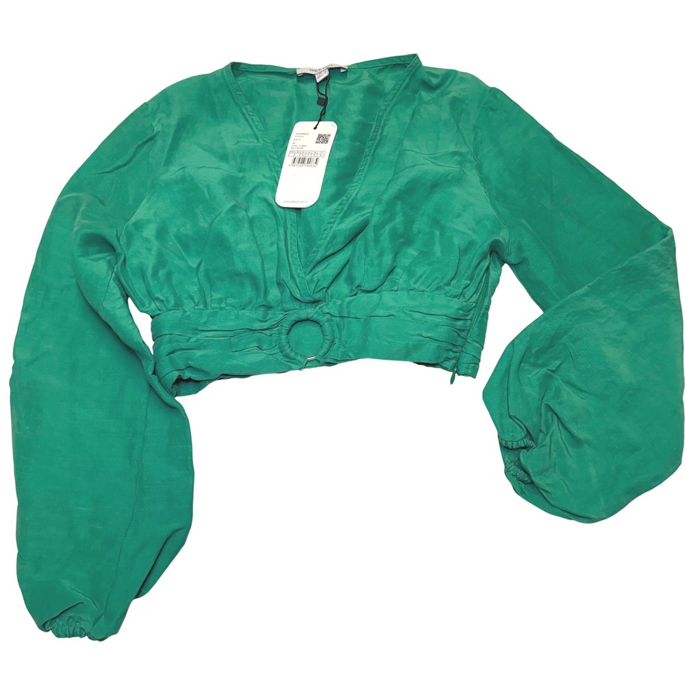 NWT Ipekyol‎ Green V-Neck Crop Blouse Puff Sleeve O-Ring Detail Size 4 Boho Chic